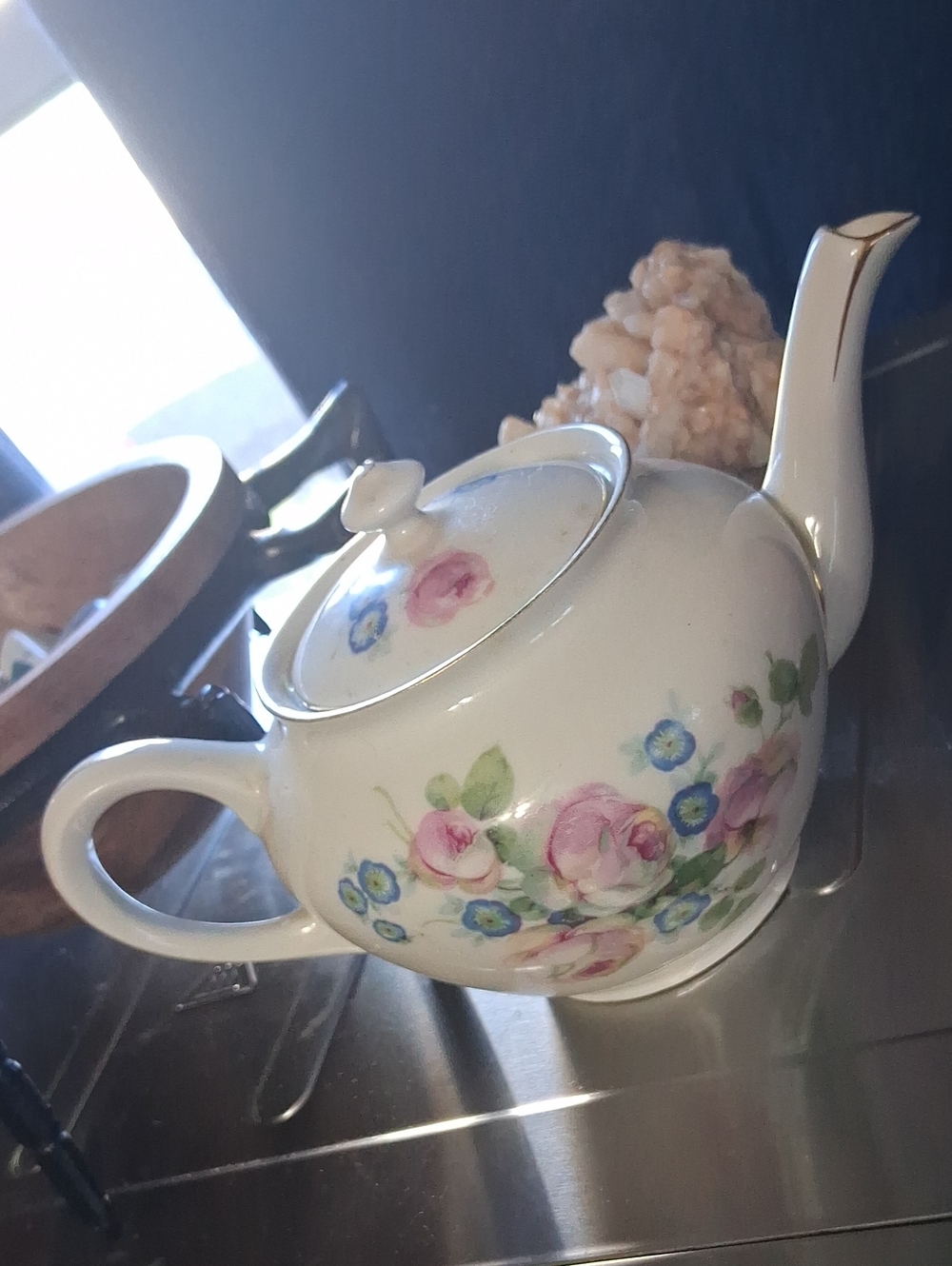 Floral Porcelain Teapot - White with Pink & Blue Flowers Czech 1920s United Tea